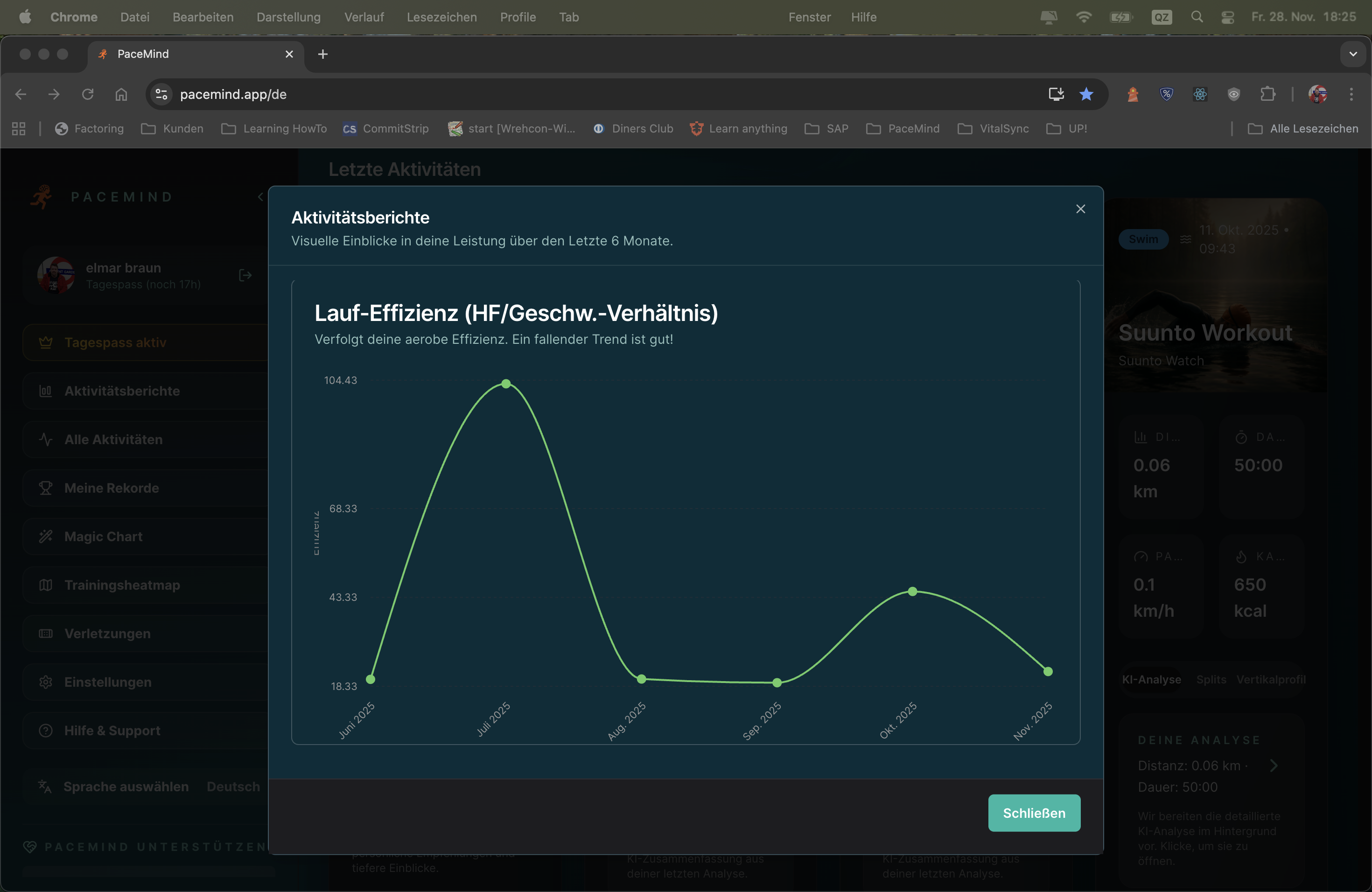 Detaillierte Statistiken zu Pace-Entwicklung und Laufeffizienz